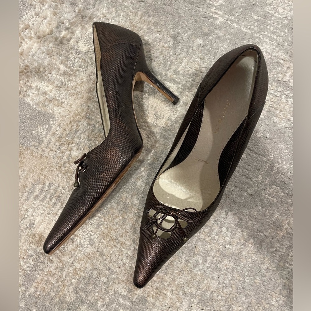 Amalfi Heels Bronze Made In Italy Leather Shoes Bow Detail Size 9B - Picture 7 of 15